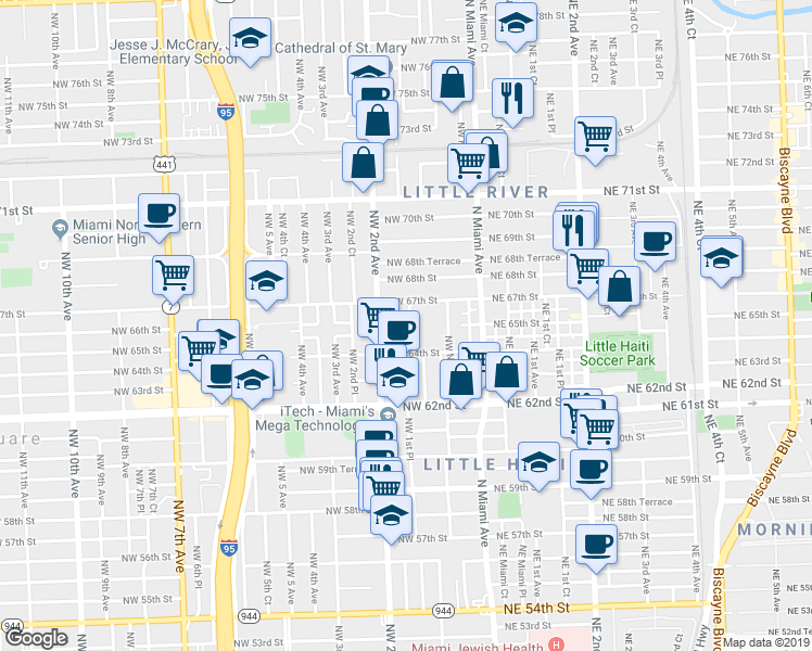 map of restaurants, bars, coffee shops, grocery stores, and more near 140 Northwest 67th Street in Miami