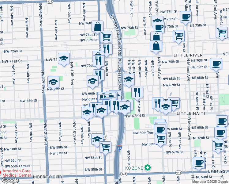 map of restaurants, bars, coffee shops, grocery stores, and more near 596 Northwest 67th Street in Miami