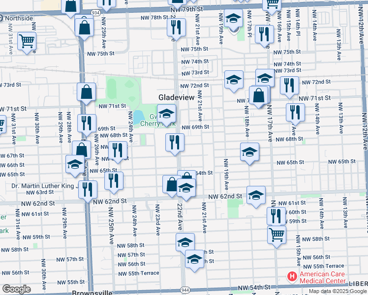 map of restaurants, bars, coffee shops, grocery stores, and more near 2126 Northwest 68th Terrace in Miami
