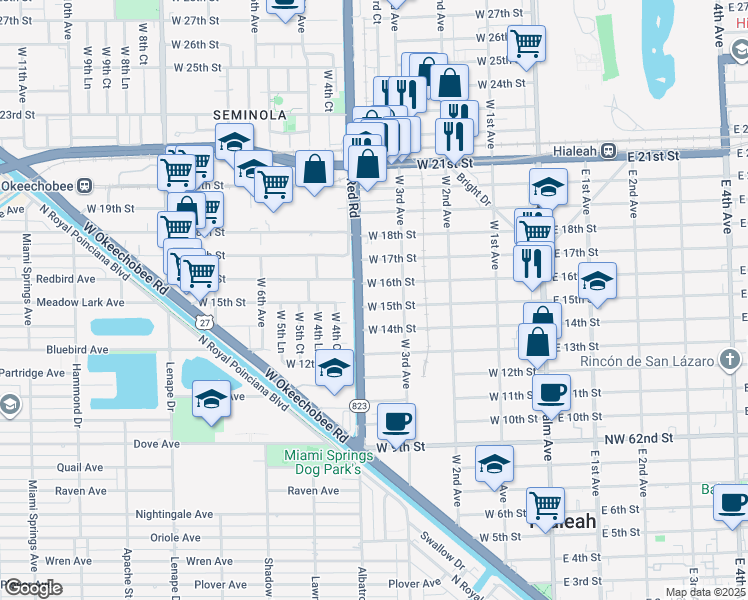 map of restaurants, bars, coffee shops, grocery stores, and more near 350 West 16th Street in Hialeah