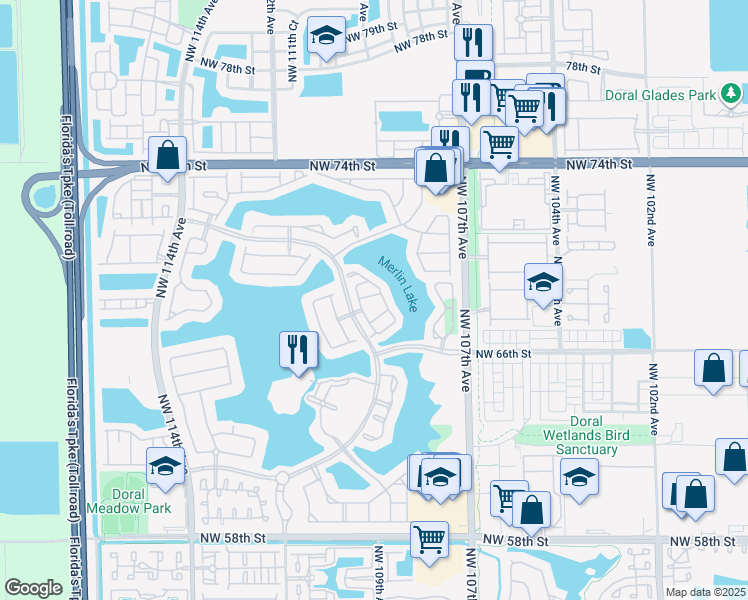 map of restaurants, bars, coffee shops, grocery stores, and more near 10906 Northwest 69th Terrace in Doral