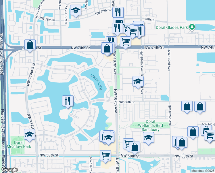 map of restaurants, bars, coffee shops, grocery stores, and more near 6874 Northwest 107th Place in Doral