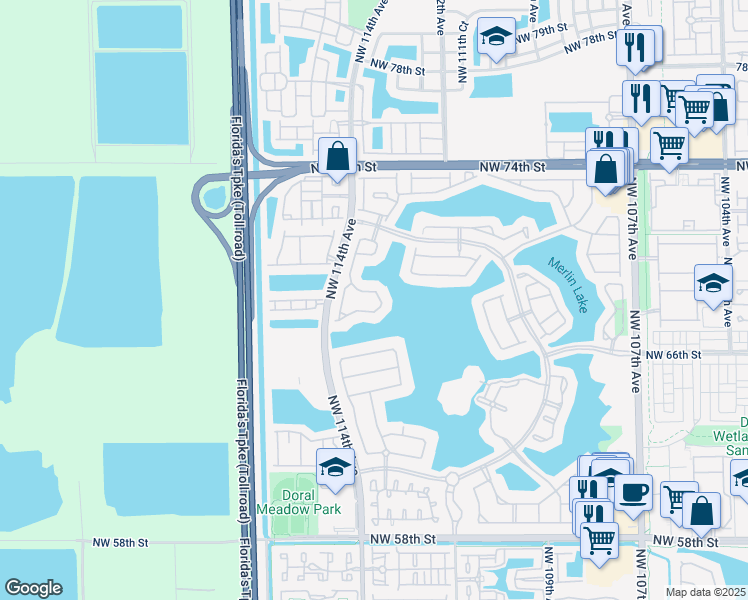 map of restaurants, bars, coffee shops, grocery stores, and more near 6852 Northwest 113th Court in Doral