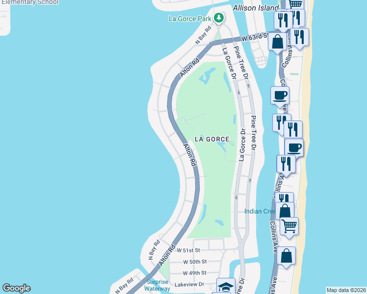 map of restaurants, bars, coffee shops, grocery stores, and more near 5636 Alton Road in Miami Beach