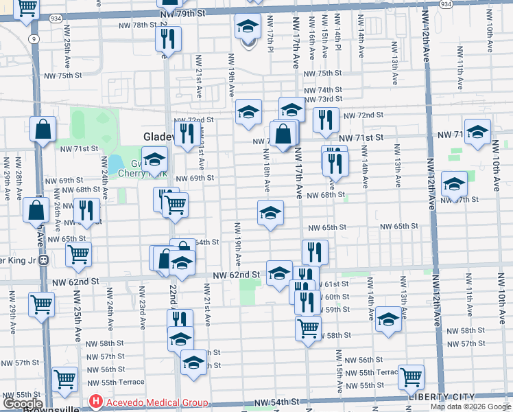 map of restaurants, bars, coffee shops, grocery stores, and more near 1811 Northwest 68th Street in Miami