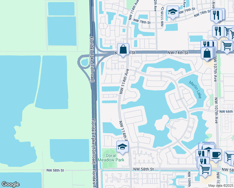 map of restaurants, bars, coffee shops, grocery stores, and more near 11425 Northwest 68th Terrace in Doral