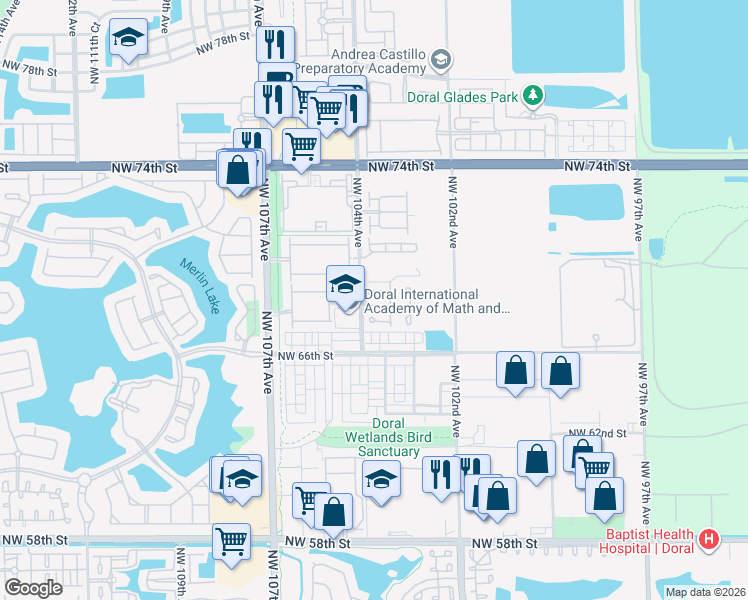map of restaurants, bars, coffee shops, grocery stores, and more near 10355 Northwest 68th Terrace in Doral
