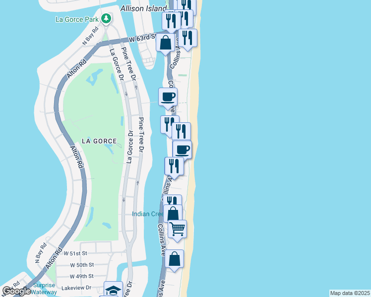 map of restaurants, bars, coffee shops, grocery stores, and more near 5555 Collins Avenue in Miami