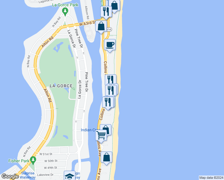 map of restaurants, bars, coffee shops, grocery stores, and more near 5555 Collins Avenue in Miami
