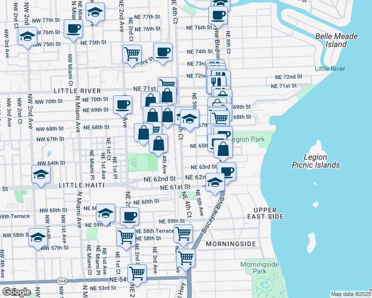 map of restaurants, bars, coffee shops, grocery stores, and more near 6620 Northeast 5th Avenue in Miami