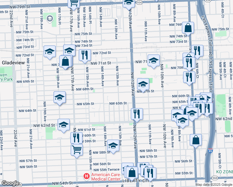 map of restaurants, bars, coffee shops, grocery stores, and more near 1295 Northwest 67th Street in Miami