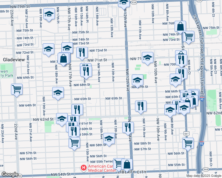 map of restaurants, bars, coffee shops, grocery stores, and more near 1346 Northwest 68th Street in Miami