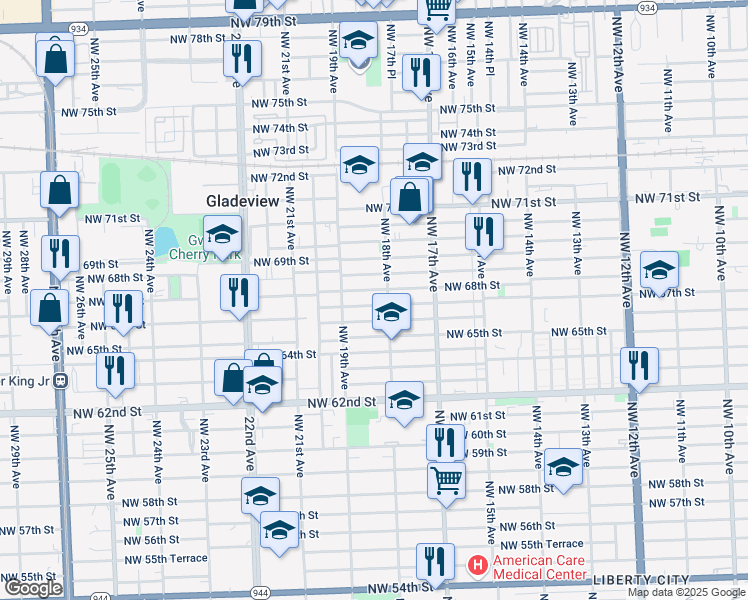 map of restaurants, bars, coffee shops, grocery stores, and more near 1811 Northwest 68th Street in Miami