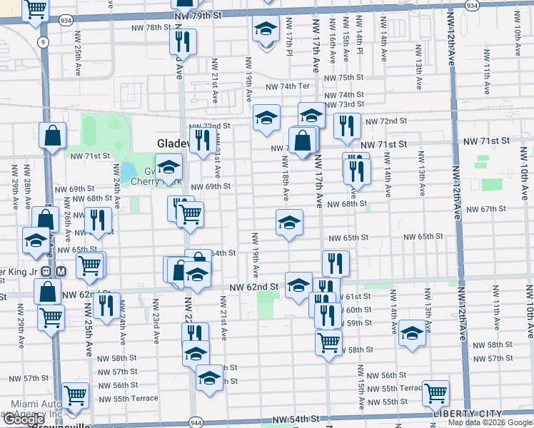 map of restaurants, bars, coffee shops, grocery stores, and more near 1891 Northwest 68th Street in Miami