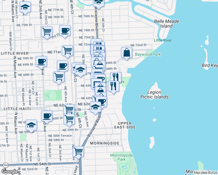map of restaurants, bars, coffee shops, grocery stores, and more near 660 Northeast 64th Street in Miami