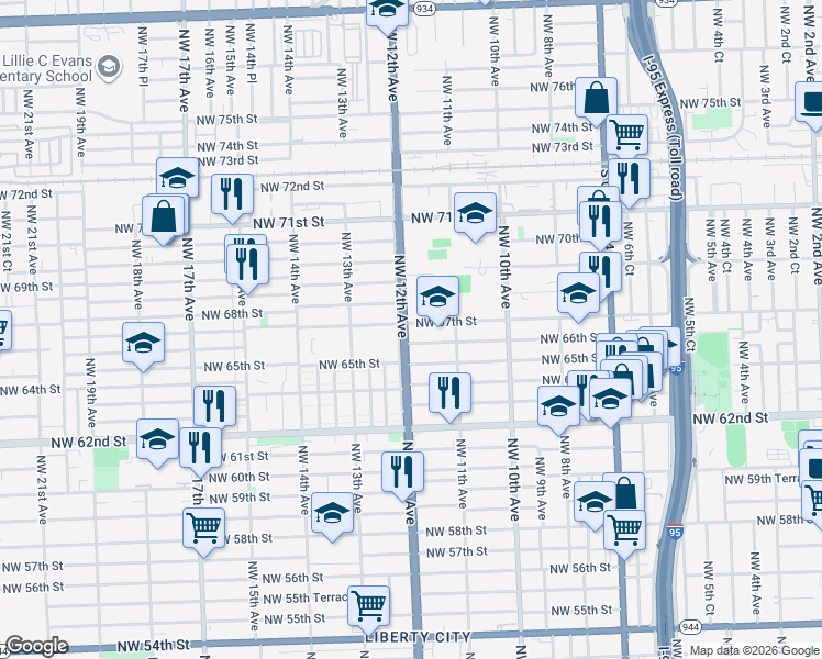 map of restaurants, bars, coffee shops, grocery stores, and more near 1190 Northwest 67th Street in Miami