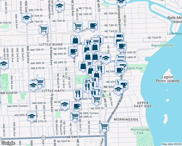 map of restaurants, bars, coffee shops, grocery stores, and more near 300 Northeast 67th Street in Miami