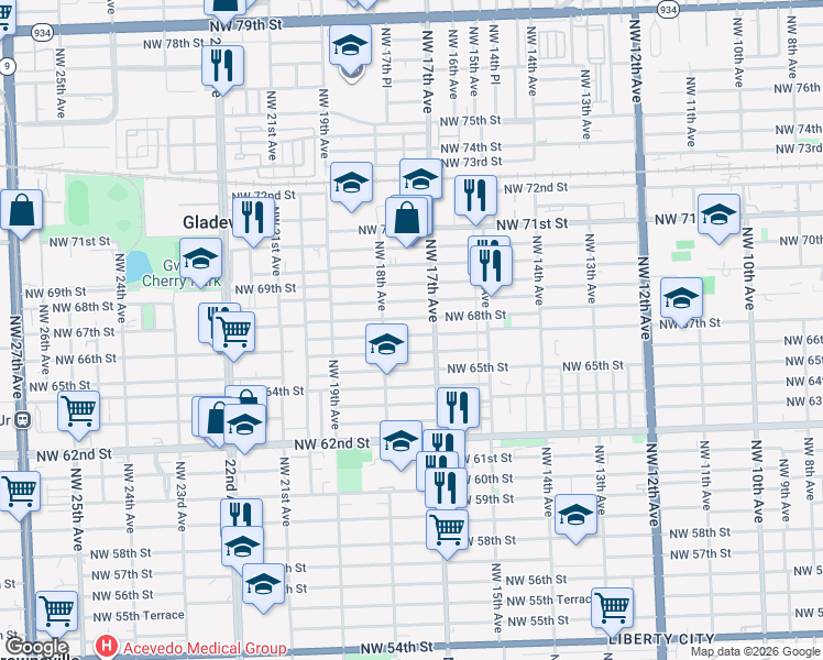 map of restaurants, bars, coffee shops, grocery stores, and more near 1735 Northwest 68th Street in Miami