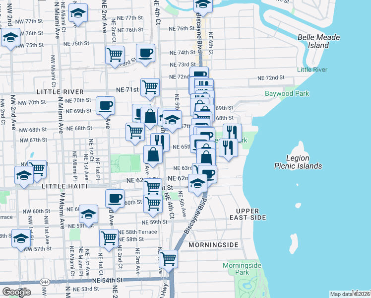 map of restaurants, bars, coffee shops, grocery stores, and more near 545 Northeast 65th Street in Miami