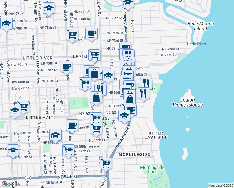 map of restaurants, bars, coffee shops, grocery stores, and more near 545 Northeast 65th Street in Miami