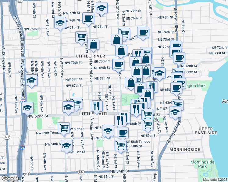 map of restaurants, bars, coffee shops, grocery stores, and more near 170 Northeast 67th Street in Miami