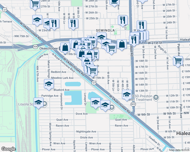 map of restaurants, bars, coffee shops, grocery stores, and more near 720 West 16th Street in Hialeah