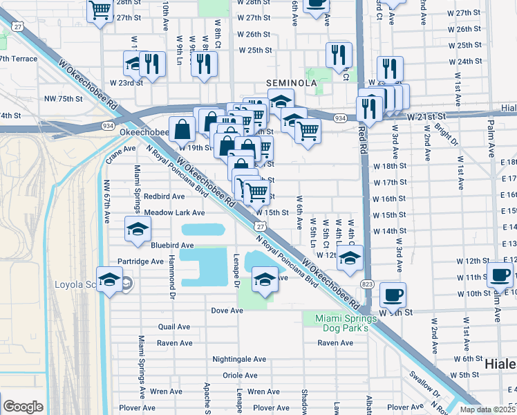 map of restaurants, bars, coffee shops, grocery stores, and more near 720 West 16th Street in Hialeah