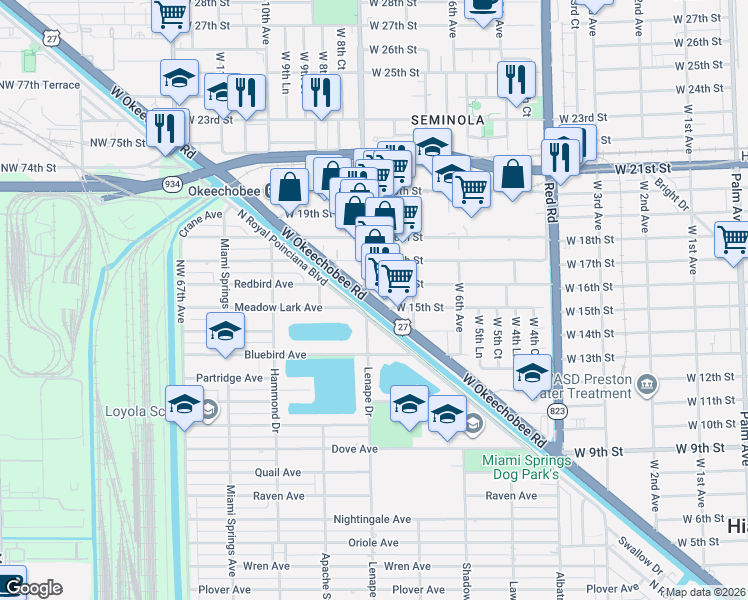 map of restaurants, bars, coffee shops, grocery stores, and more near 1569 Okeechobee Road in Hialeah