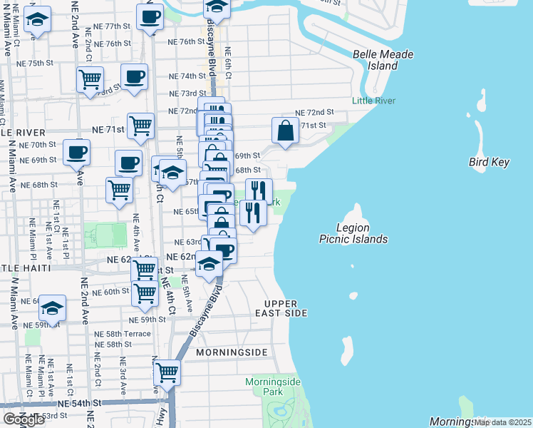 map of restaurants, bars, coffee shops, grocery stores, and more near 6445 Northeast 64th Street in Miami