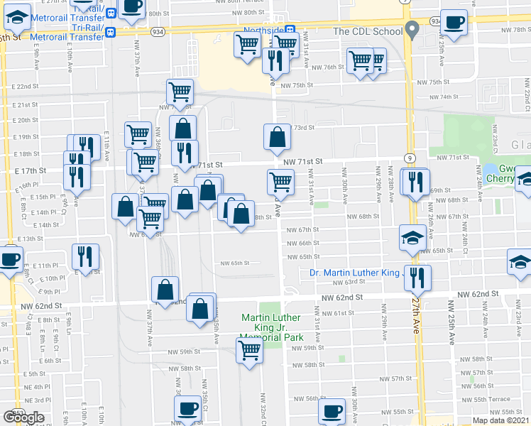 map of restaurants, bars, coffee shops, grocery stores, and more near 3205 NW 68th St in Miami