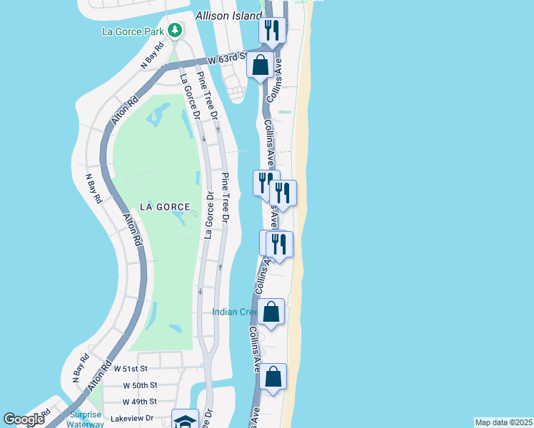 map of restaurants, bars, coffee shops, grocery stores, and more near 5555 Collins Avenue in Miami Beach