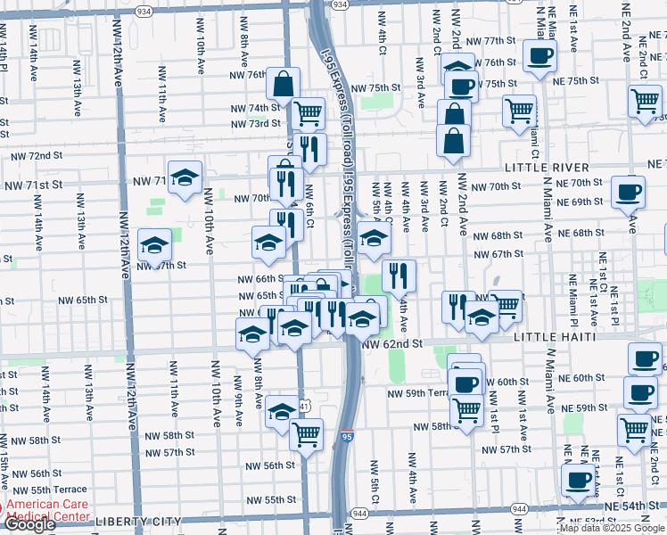 map of restaurants, bars, coffee shops, grocery stores, and more near 596 Northwest 67th Street in Miami