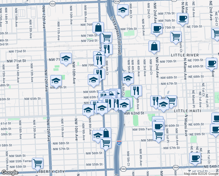 map of restaurants, bars, coffee shops, grocery stores, and more near 626 Northwest 67th Street in Miami