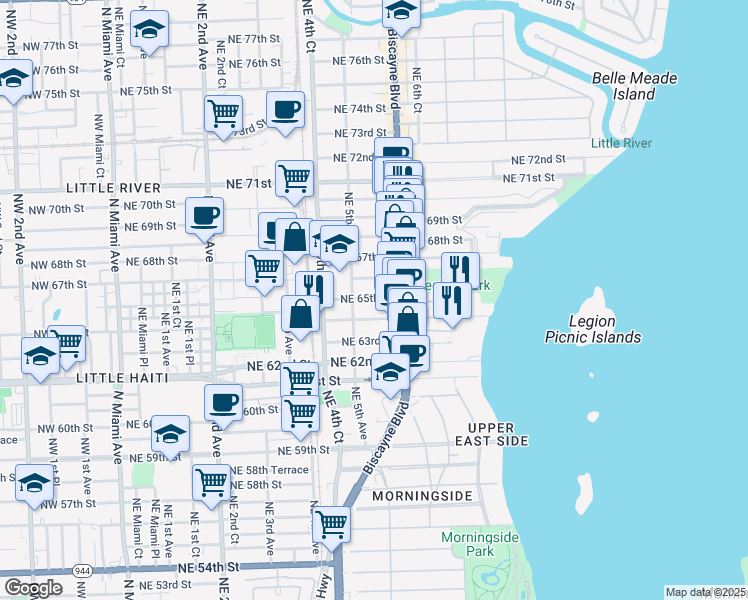 map of restaurants, bars, coffee shops, grocery stores, and more near 545 Northeast 65th Street in Miami