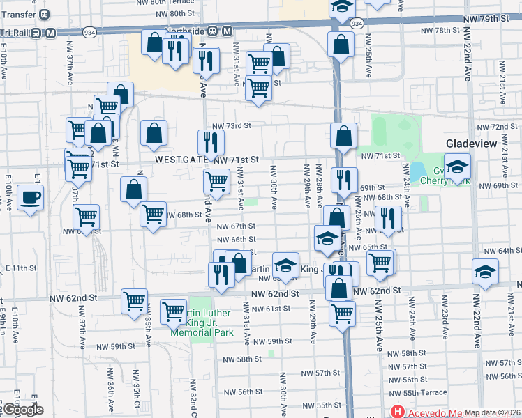 map of restaurants, bars, coffee shops, grocery stores, and more near 6815 Northwest 31st Avenue in Miami