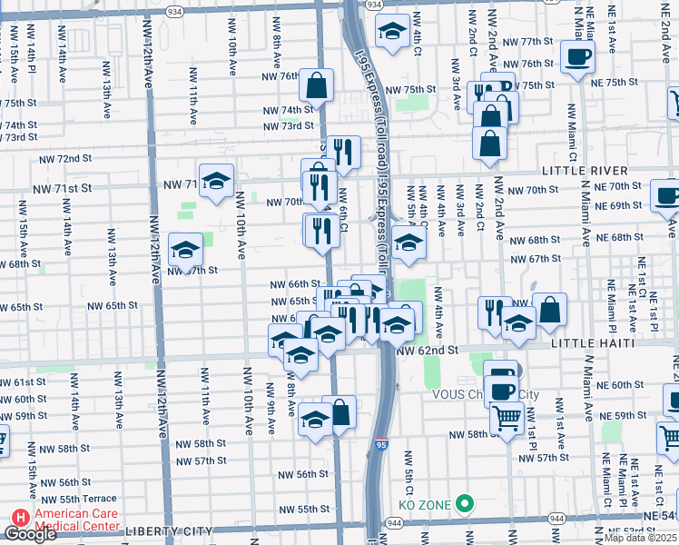 map of restaurants, bars, coffee shops, grocery stores, and more near 636 Northwest 67th Street in Miami