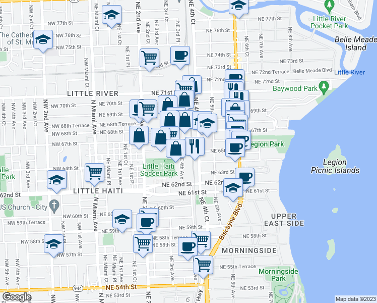 map of restaurants, bars, coffee shops, grocery stores, and more near 400 Northeast 67th Street in Miami