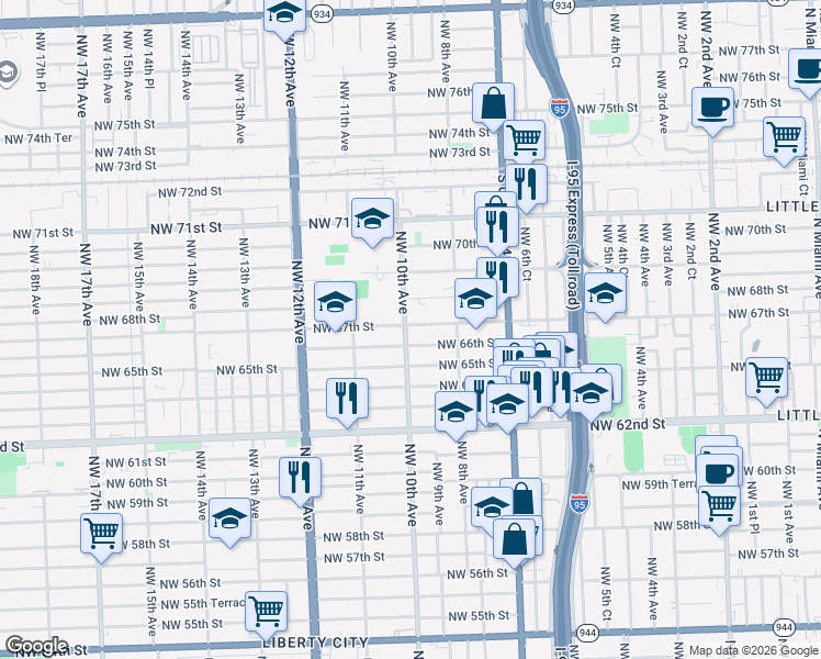 map of restaurants, bars, coffee shops, grocery stores, and more near 930 Northwest 67th Street in Miami