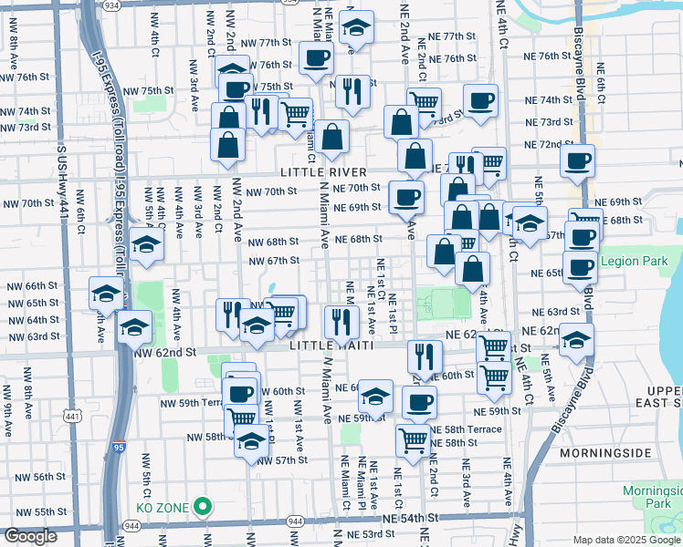 map of restaurants, bars, coffee shops, grocery stores, and more near 6501 North Miami Avenue in Miami