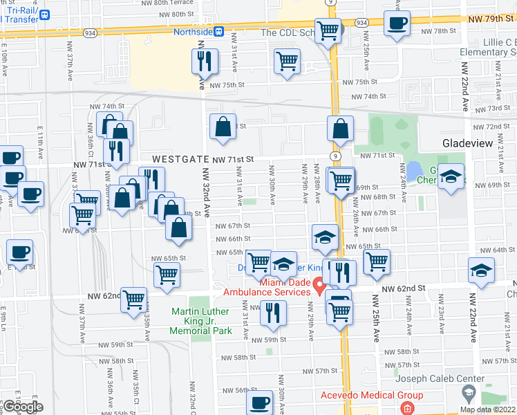 map of restaurants, bars, coffee shops, grocery stores, and more near 6815 Northwest 31st Avenue in Miami