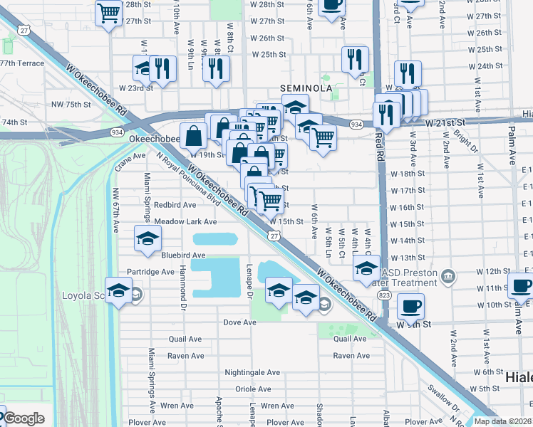 map of restaurants, bars, coffee shops, grocery stores, and more near 720 West 16th Street in Hialeah
