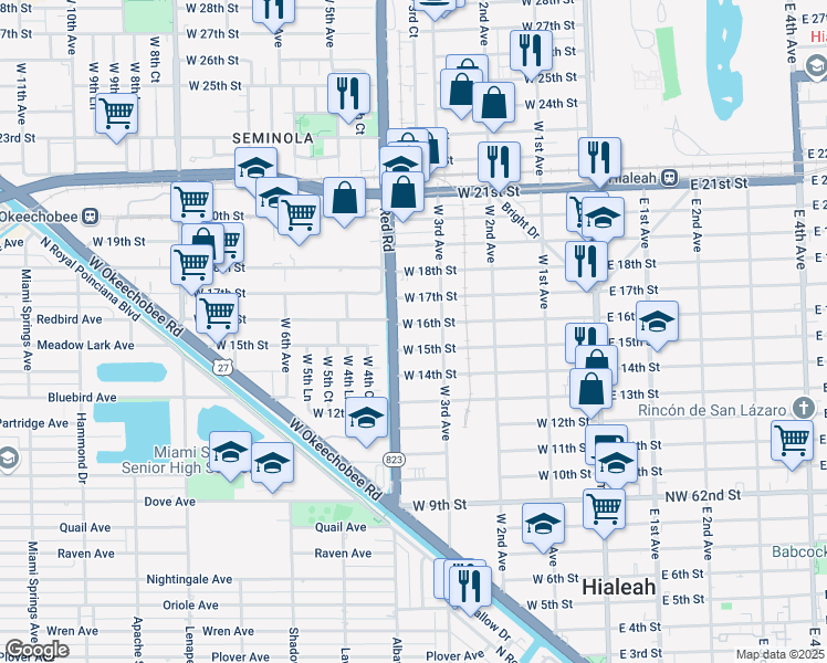 map of restaurants, bars, coffee shops, grocery stores, and more near 350 West 16th Street in Hialeah