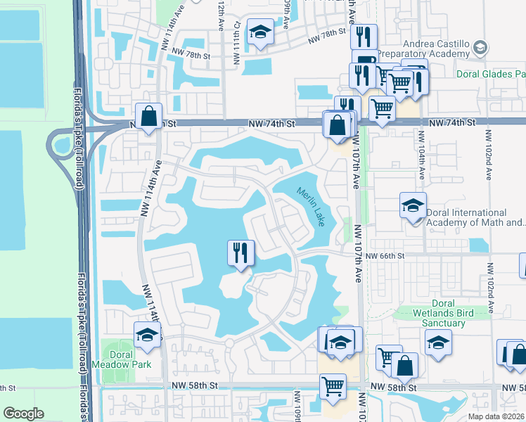 map of restaurants, bars, coffee shops, grocery stores, and more near 11101 Northwest 70th Street in Doral