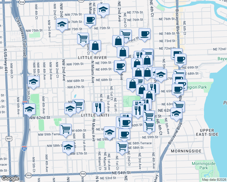 map of restaurants, bars, coffee shops, grocery stores, and more near 170 Northeast 67th Street in Miami