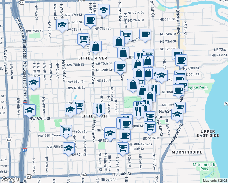 map of restaurants, bars, coffee shops, grocery stores, and more near 170 Northeast 67th Street in Miami