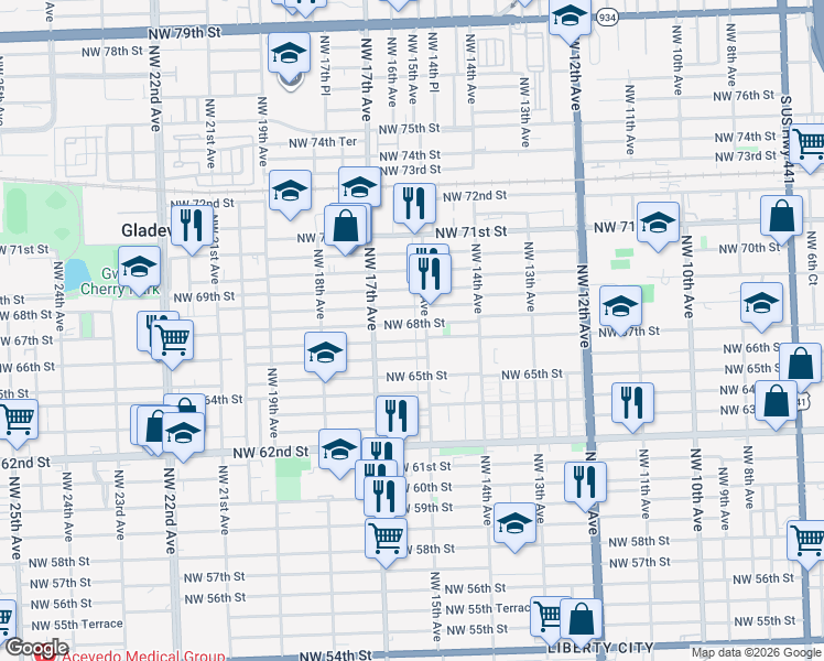 map of restaurants, bars, coffee shops, grocery stores, and more near 6750 Northwest 15th Avenue in Miami