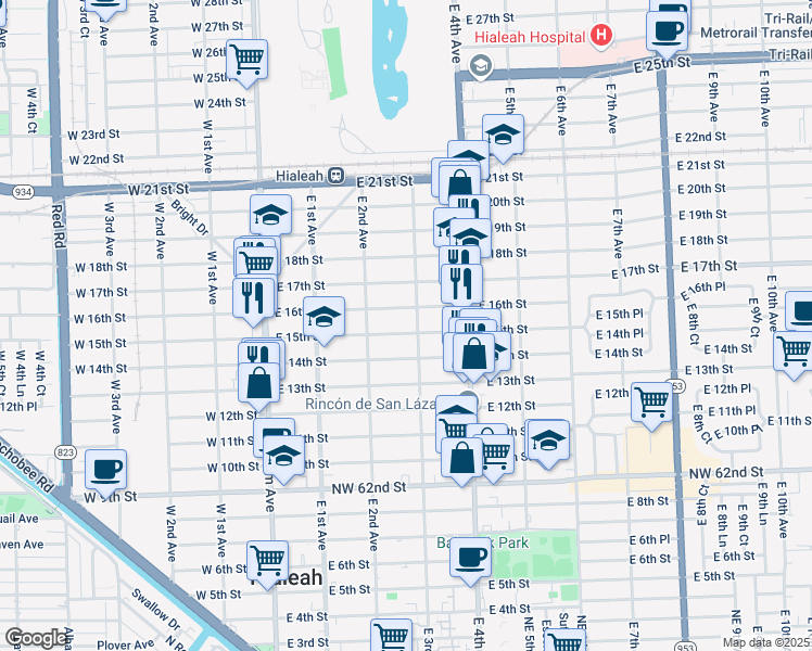 map of restaurants, bars, coffee shops, grocery stores, and more near 234 East 16th Street in Hialeah