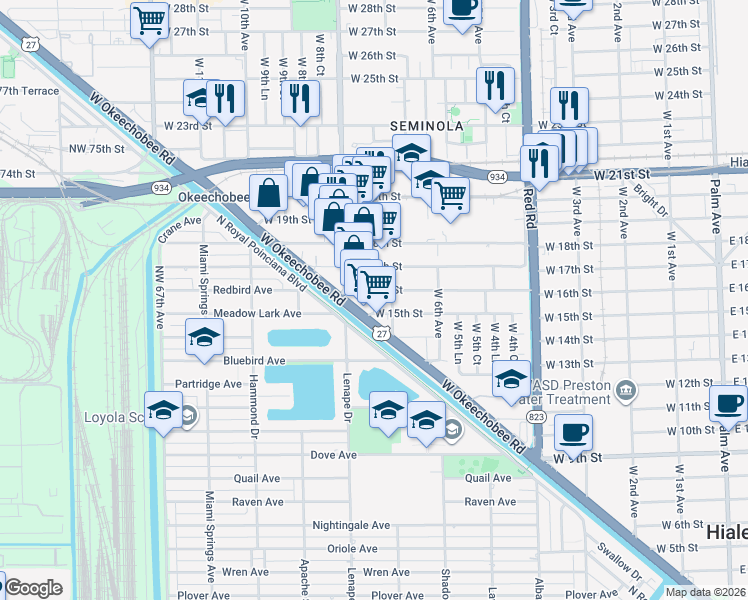 map of restaurants, bars, coffee shops, grocery stores, and more near 720 West 16th Street in Hialeah