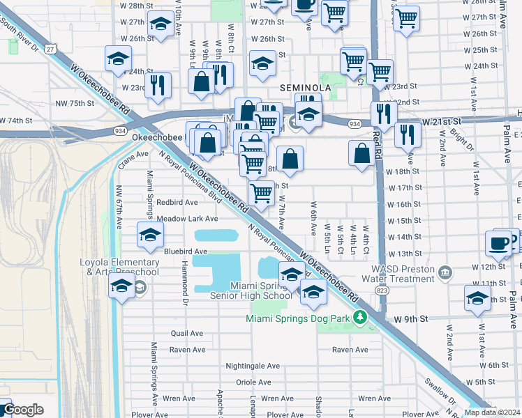 map of restaurants, bars, coffee shops, grocery stores, and more near 720 West 16th Street in Hialeah