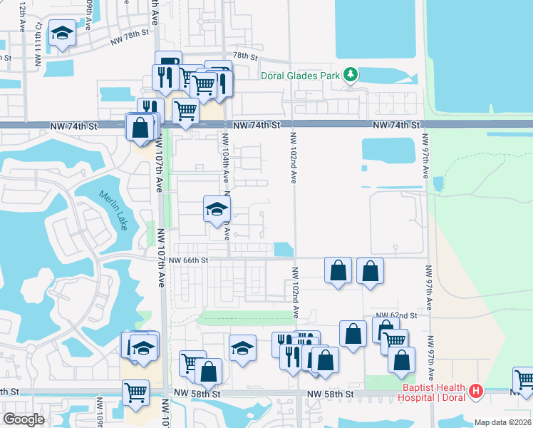 map of restaurants, bars, coffee shops, grocery stores, and more near 6847 Northwest 103rd Avenue in Doral